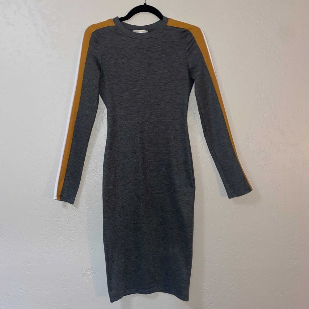 Dark Grey Long Sleeve Zara Dress Mustard and White Strip Small Knee-Length
